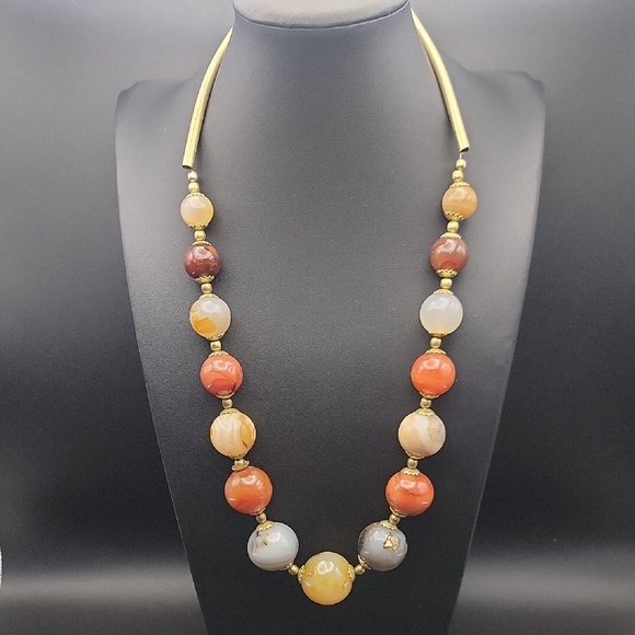 Hand Crafted Jewelry - Elegant Gold Tone Chunky 24mm Agate Gemstone Beads Beaded Chunky 21" Necklace